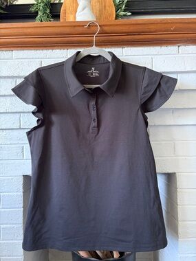 Women’s Polo Blouse with Ruffle Sleeves - Charcoal